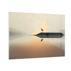 Üveg kép - Egy gém áll egy szigeten egy tó nyugodt vizében - 70x50cm - Ember a tavon - Modern fali dekoráció nappalihoz és hálószobához ARTTOR