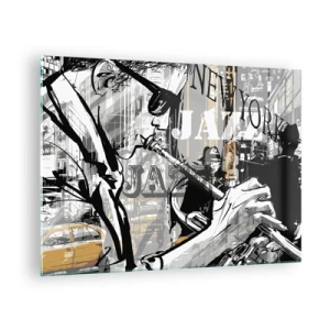 Üveg kép - Egy stílusos rajz egy dzsesszzenészről, aki trombitán játszik New York-i környezetben. - 70x50cm - A New York ritmusában - Modern fali dekoráció nappalihoz és hálószobához ARTTOR