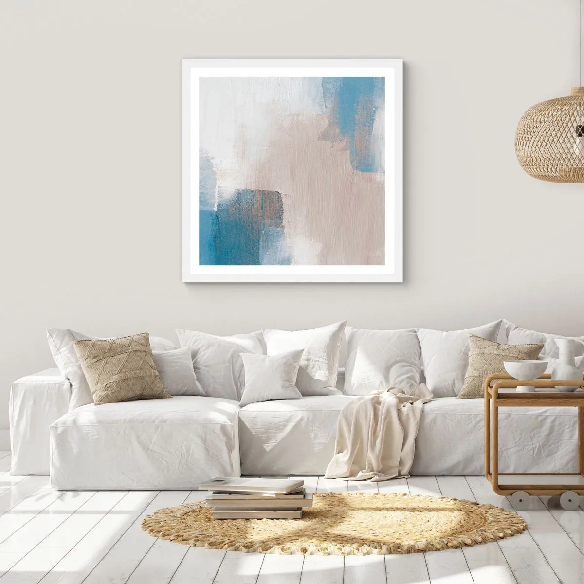 Poszter fekete keretben - Rózsaszín absztrakció egy kék fátyol mögött - 60x60 cm