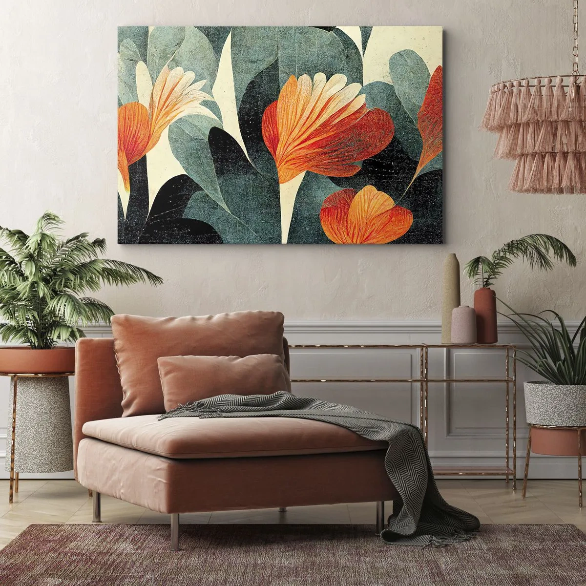 Vászonkép - Intenzív narancssárga és zöld árnyalatú virágok - 70x50cm - A trópusok forrósága és a zöldellő hűvösség - Modern fali dekoráció nappalihoz és hálószobához ARTTOR