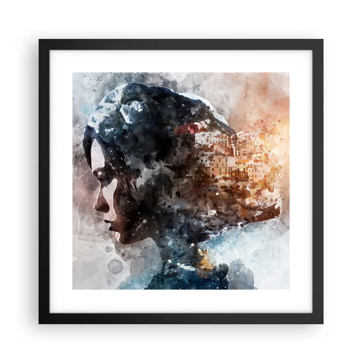 Poszter fehér keretben - Történet egy lányról, várossal a háttérben - 40x40 cm