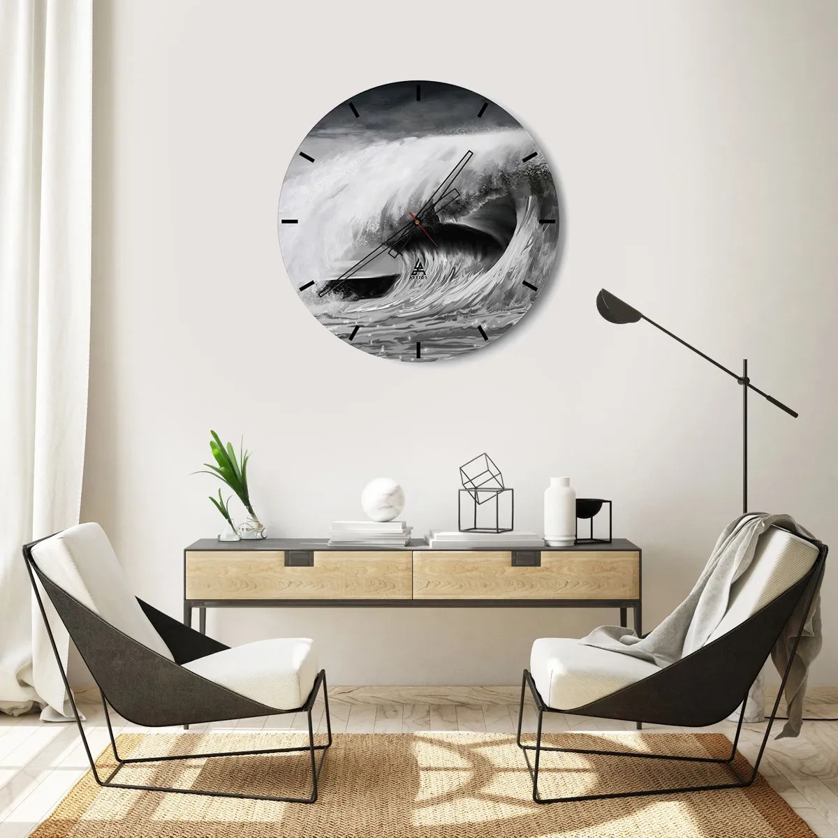 Falióra, Óra - Dinamikus hullám fekete és fehér árnyalatokban - 30x30cm - Az óceán haragja - Modern fali dekoráció nappalihoz, konyhához és hálószobához ARTTOR