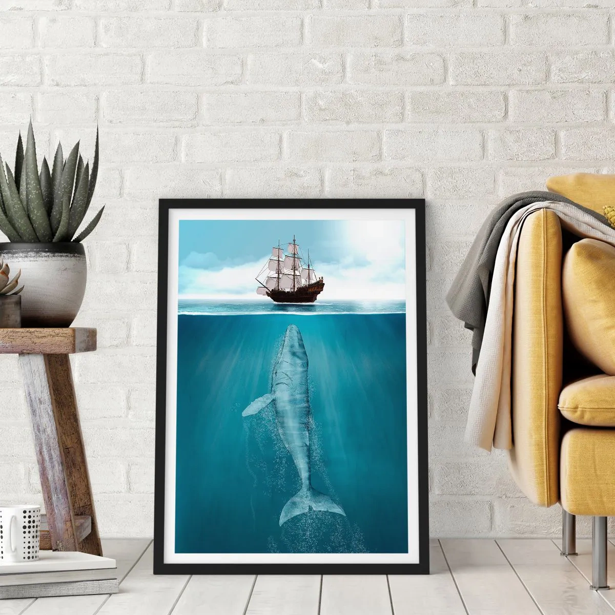 Poszter fehér keretben - Egy hajó a víz felszínén, alatta egy bálna, szürrealisztikus felvételen - 50x70cm - Jobb nem tudni - Modern fali dekoráció nappalihoz és hálószobához ARTTOR