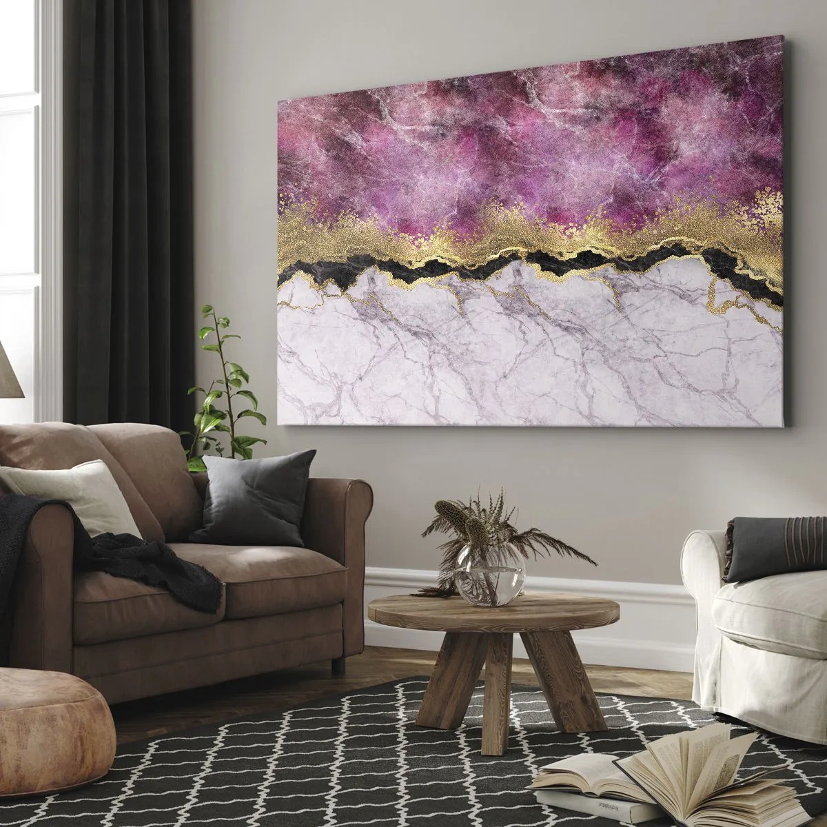 Vászonkép - Absztrakt márvány rózsaszín árnyalatokban, arany díszítéssel - 70x50cm - A határon - Modern fali dekoráció nappalihoz és hálószobához ARTTOR