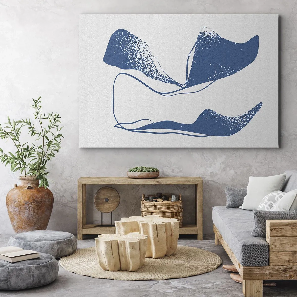 Vászonkép - Absztrakt formák kék árnyalatokban fehér alapon - 70x50cm - Szárnyas absztrakció - Modern fali dekoráció nappalihoz és hálószobához ARTTOR