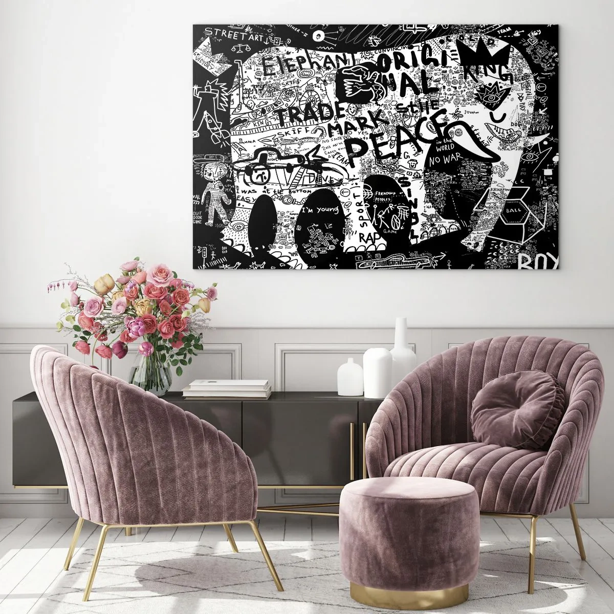 Üveg kép - Fekete-fehér graffiti kép a béke és a szabadság témáival - 70x50cm - Gazdag utcavilág - Modern fali dekoráció nappalihoz és hálószobához ARTTOR