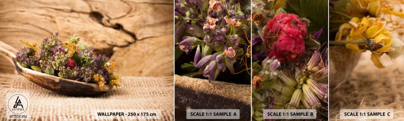 Fotótapéta Minta Standard Eco - Színes virágok és illatos gyógynövények - Természet, Szárított gyógynövények, Konyha - 100x30 cm