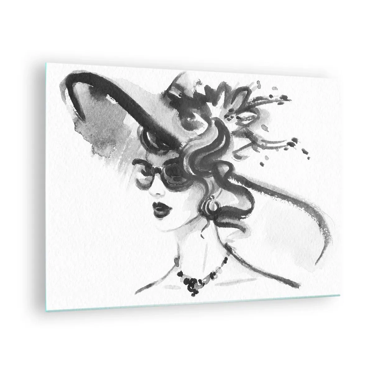 Üveg kép - Fekete-fehér portré egy kalapban lévő nőről - 70x50cm - Karakteres hölgy - Modern fali dekoráció nappalihoz és hálószobához ARTTOR