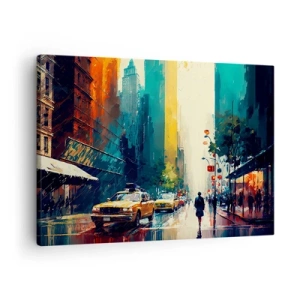 Vászonkép - Egy nyüzsgő város taxisokkal és járókelők - 70x50cm - New York - itt még az eső is színes. - Modern fali dekoráció nappalihoz és hálószobához ARTTOR