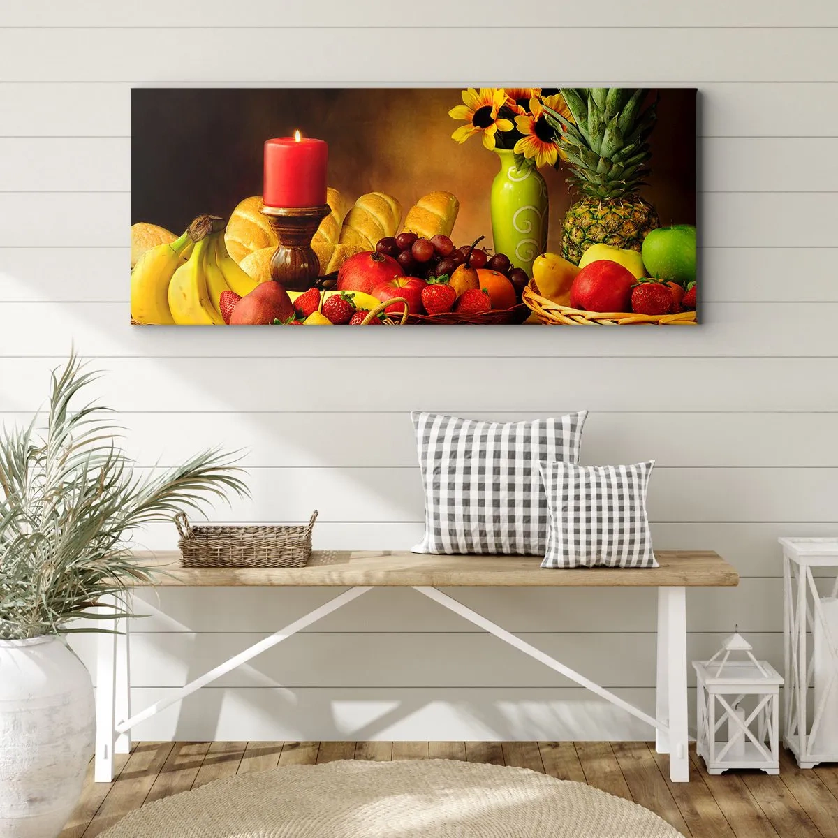 Vászonkép - Csendélet kenyérrel és gyümölccsel - 100x40 cm