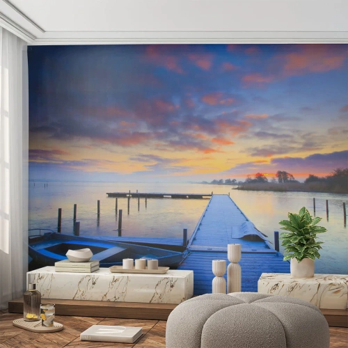Fotótapéta Premium Sand - Lila-arany nyugalom - Tájkép, Tó, Hajó - 250x175 cm