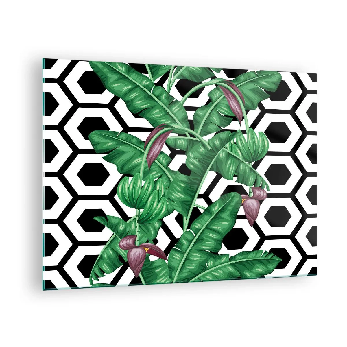 Üveg kép - Trópusi levelek és virágok fekete-fehér geometrikus mintás háttérrel - 70x50cm - Természeténél fogva szimmetrikus kompozíció - Modern fali dekoráció nappalihoz és hálószobához ARTTOR