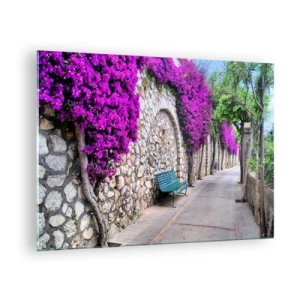 Üveg kép - Egy kőfal lila virágokkal és egy paddal az ösvény mentén - 70x50cm - Találkozzunk minél előbb - Modern fali dekoráció nappalihoz és hálószobához ARTTOR