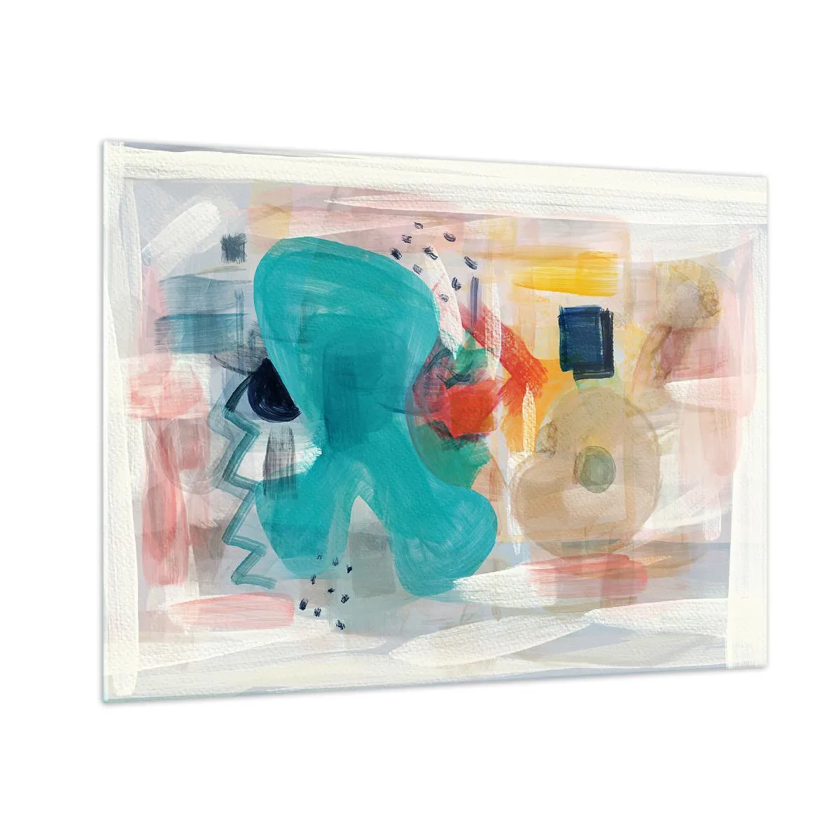 Üveg kép - Színes absztrakció türkiz, piros és bézs foltokkal. - 70x50cm - Színes játék - Modern fali dekoráció nappalihoz és hálószobához ARTTOR