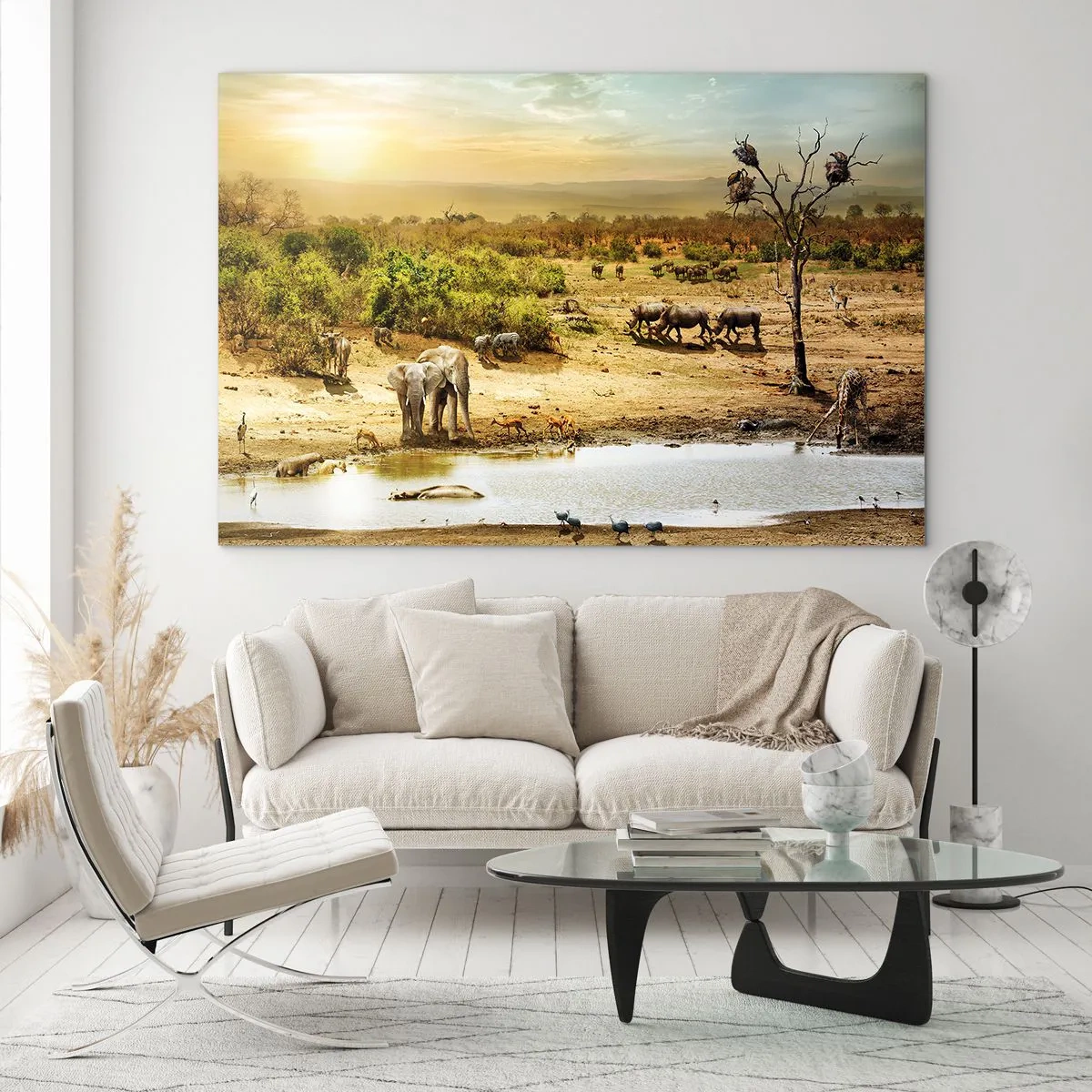 Üveg kép - Elefántok és állatok egy itatóhelyen, afrikai táj hátterében - 70x50cm - „Z Edenu zaś wypływała rzeka…" - Modern fali dekoráció nappalihoz és hálószobához ARTTOR