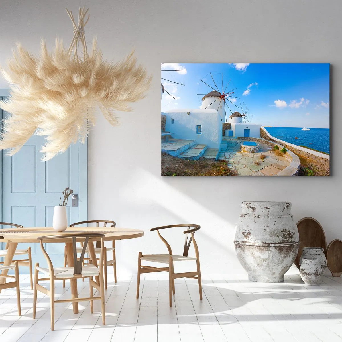 Vászonkép - Fehér szélmalmok a kék tenger partján - 70x50cm - Kék szél a tenger felől - Modern fali dekoráció nappalihoz és hálószobához ARTTOR
