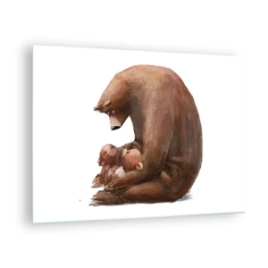 Üveg kép - Egy anyamedve két kis medvebocsot ölel - 70x50cm - Szép álmokat gyerekek - Modern fali dekoráció nappalihoz és hálószobához ARTTOR