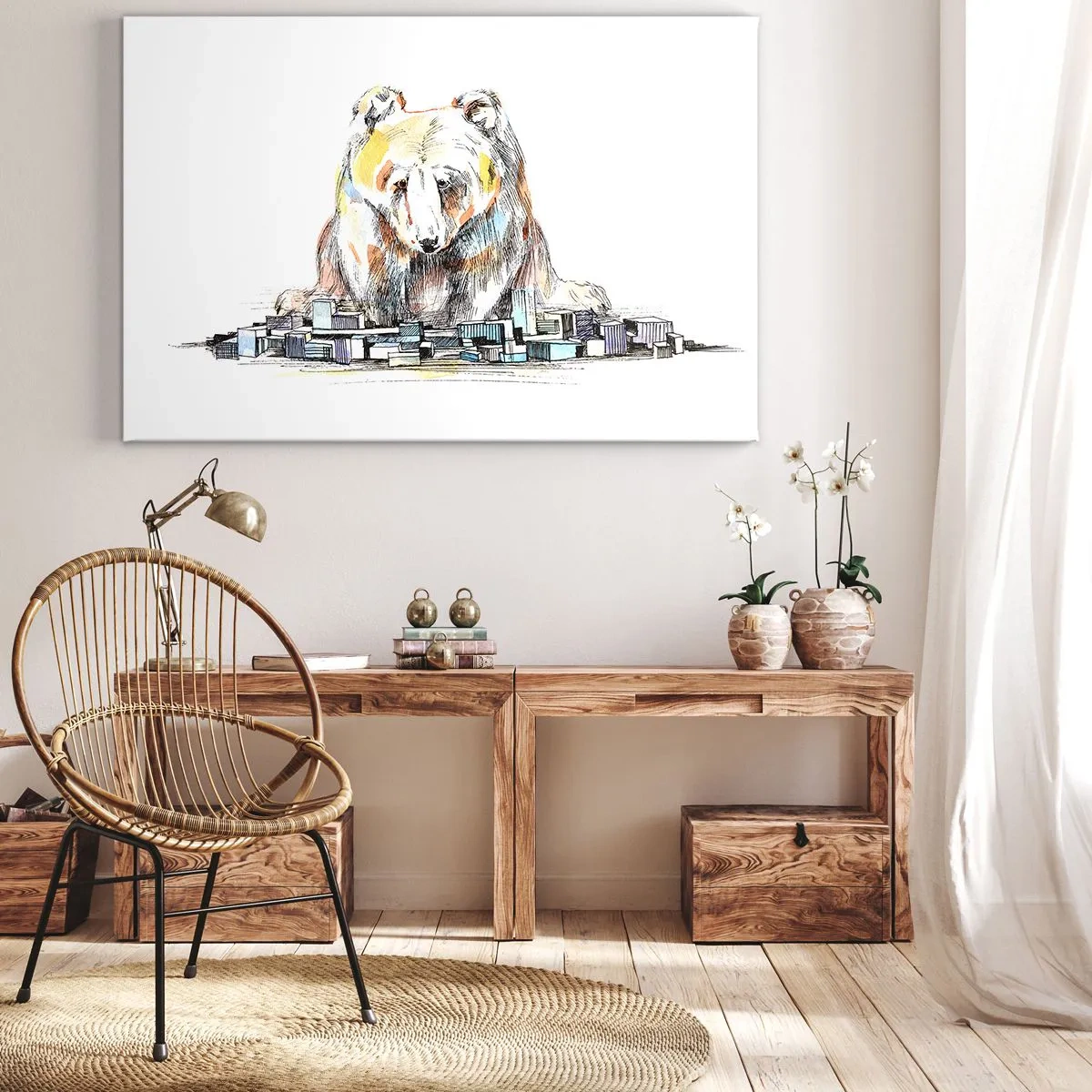 Vászonkép - Medve illusztrációja színes részletekkel és blokkokkal - 70x50cm - Hogy lehet így élni? - Modern fali dekoráció nappalihoz és hálószobához ARTTOR