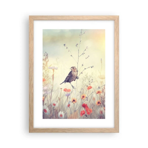 Poszter világos tölgy keretben - Madárportré egy réttel a háttérben - 30x40 cm