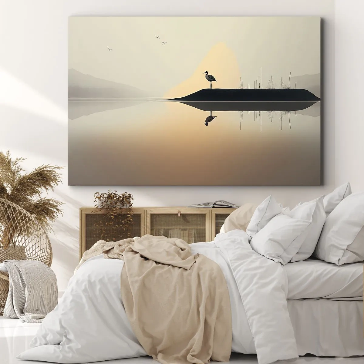 Vászonkép - Egy madár egy szigeten egy nyugodt tóban, meleg árnyalatokkal - 70x50cm - Ember a tavon - Modern fali dekoráció nappalihoz és hálószobához ARTTOR