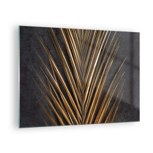 Üveg kép - Arany pálmalevél sötét háttér előtt - 70x50cm - A trópusok aranya - Modern fali dekoráció nappalihoz és hálószobához ARTTOR