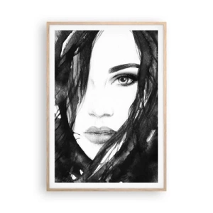 Poszter világos tölgy keretben - Fekete-fehér hölgy portréja - 70x100 cm