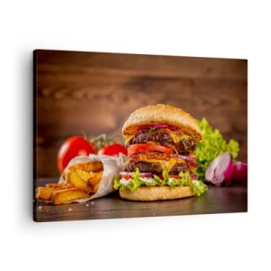 Vászonkép - Ínycsiklandozó burger extrákkal - 70x50cm - Tiltott gyümölcs - Modern fali dekoráció nappalihoz és hálószobához ARTTOR