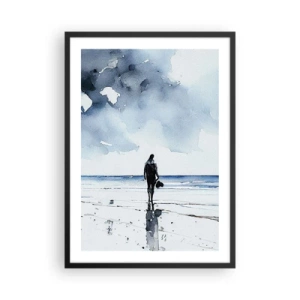 Poszter fehér keretben - Akvarell tájkép egy alakkal a tengerparton - 50x70cm - Beszélgetés a tengerrel - Modern fali dekoráció nappalihoz és hálószobához ARTTOR
