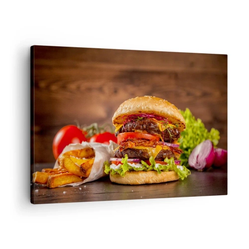 Vászonkép - Ínycsiklandozó burger extrákkal - 70x50cm - Tiltott gyümölcs - Modern fali dekoráció nappalihoz és hálószobához ARTTOR