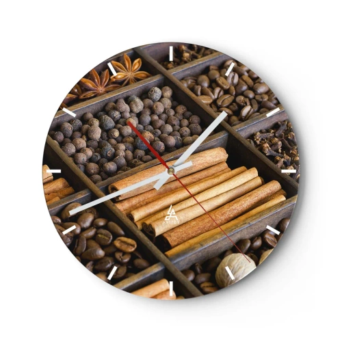 Falióra, Óra - Fából készült válaszfal különféle fűszerekkel és kávéval - 30x30cm - Az aromák kincsesbányája - Modern fali dekoráció nappalihoz, konyhához és hálószobához ARTTOR