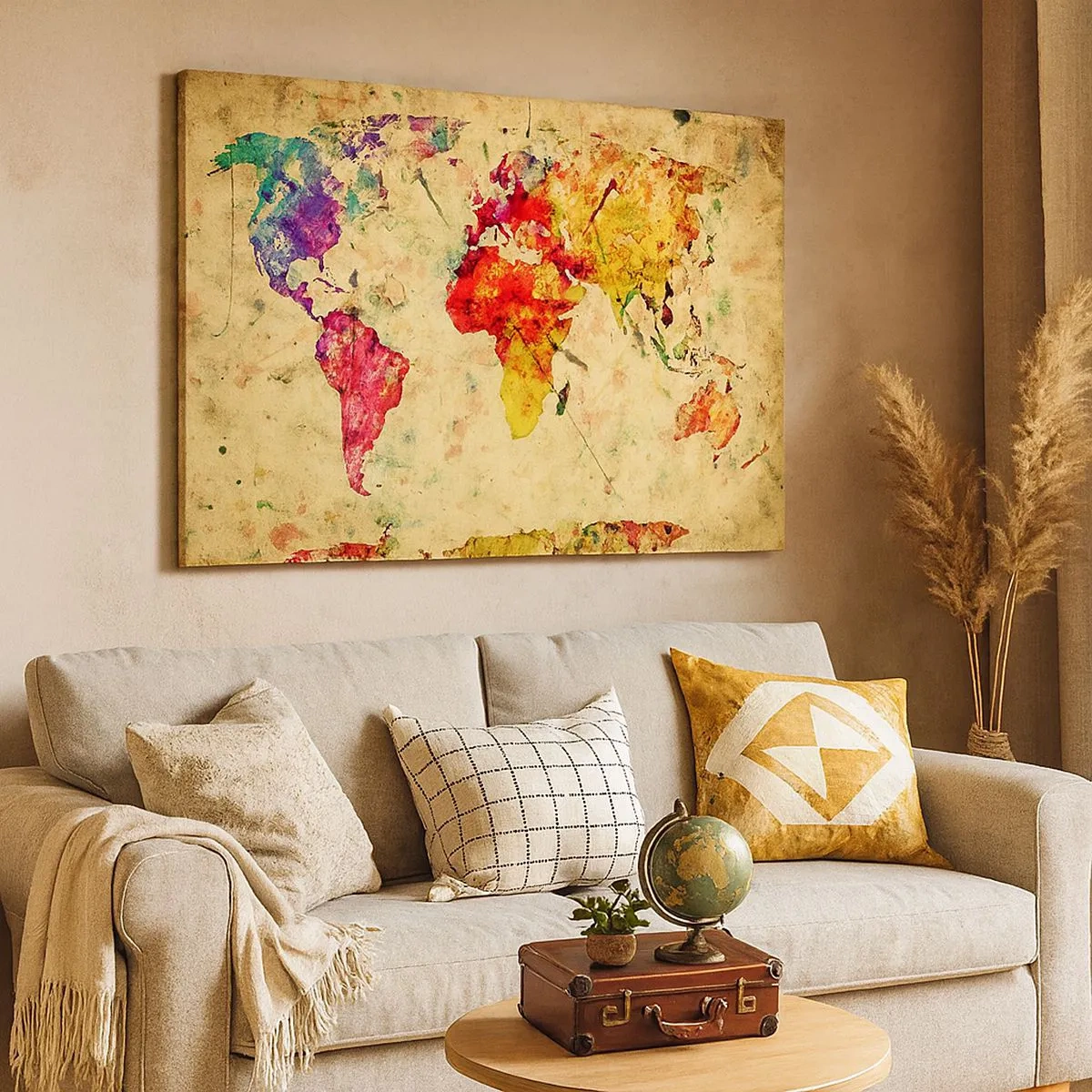 Vászonkép - A világtérkép színes, művészi értelmezése - 70x50cm - Az élet, mint a színes térképpapír - Modern fali dekoráció nappalihoz és hálószobához ARTTOR