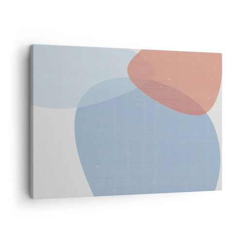 Vászonkép - Egy absztrakt kompozíció pasztell kék és rózsaszín árnyalatokban, organikus formákkal. - 70x50cm - Pasztell kapcsolatok - Modern fali dekoráció nappalihoz és hálószobához ARTTOR
