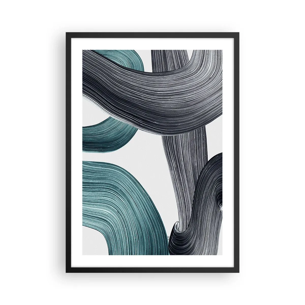 Poszter fehér keretben - Dinamikus ecsetvonások - 50x70cm - Smaragdzöld és fekete nyomok - Modern fali dekoráció nappalihoz és hálószobához ARTTOR