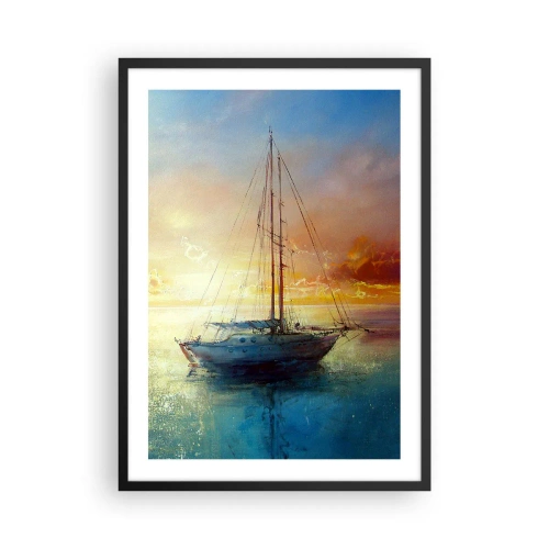Poszter fehér keretben - Egy jacht a nyugodt tengeren naplementekor - 50x70cm - Egy arany öbölben - Modern fali dekoráció nappalihoz és hálószobához ARTTOR