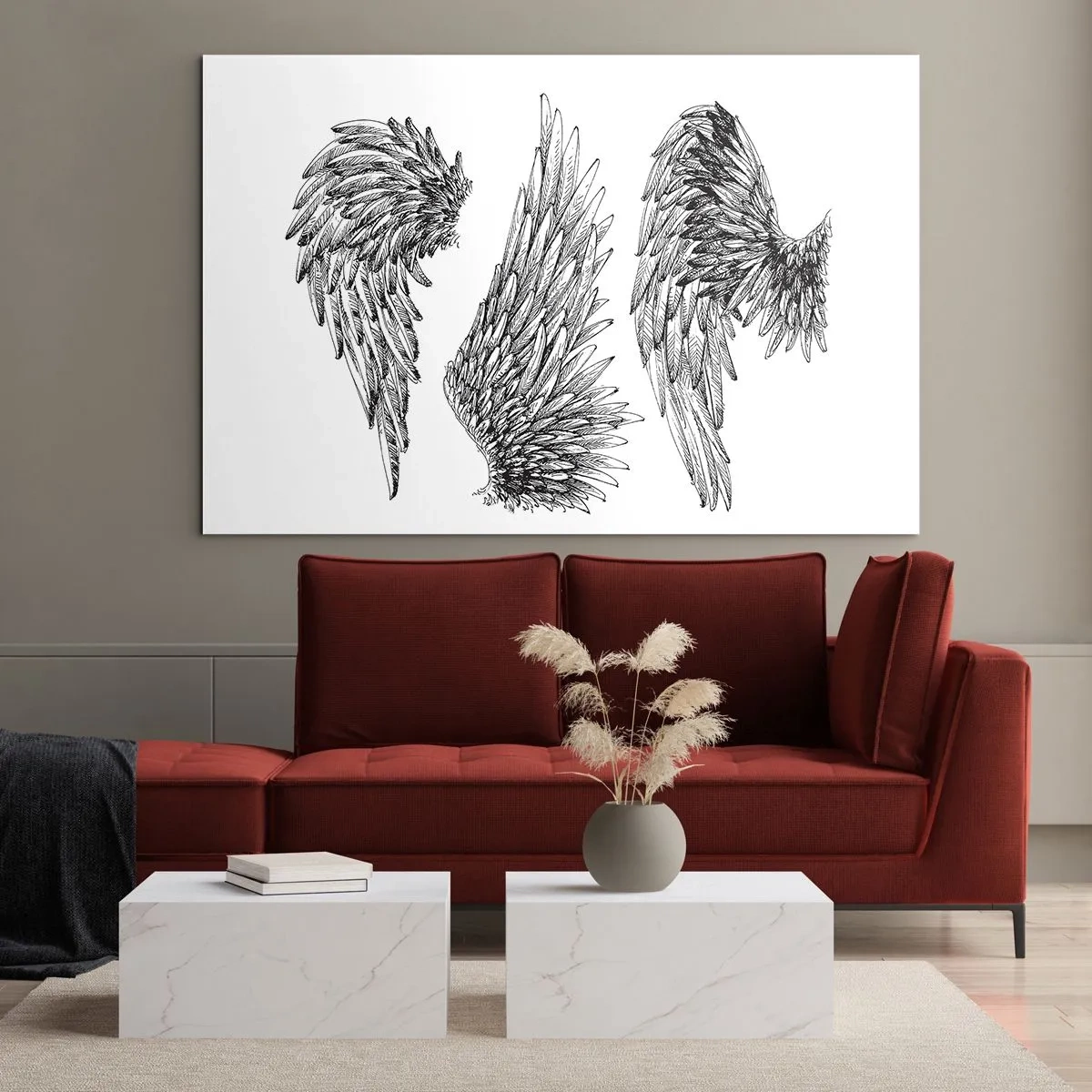 Üveg kép - Angyalszárnyak művészi fekete-fehér grafikában - 70x50cm - Te is lehetsz angyal - Modern fali dekoráció nappalihoz és hálószobához ARTTOR