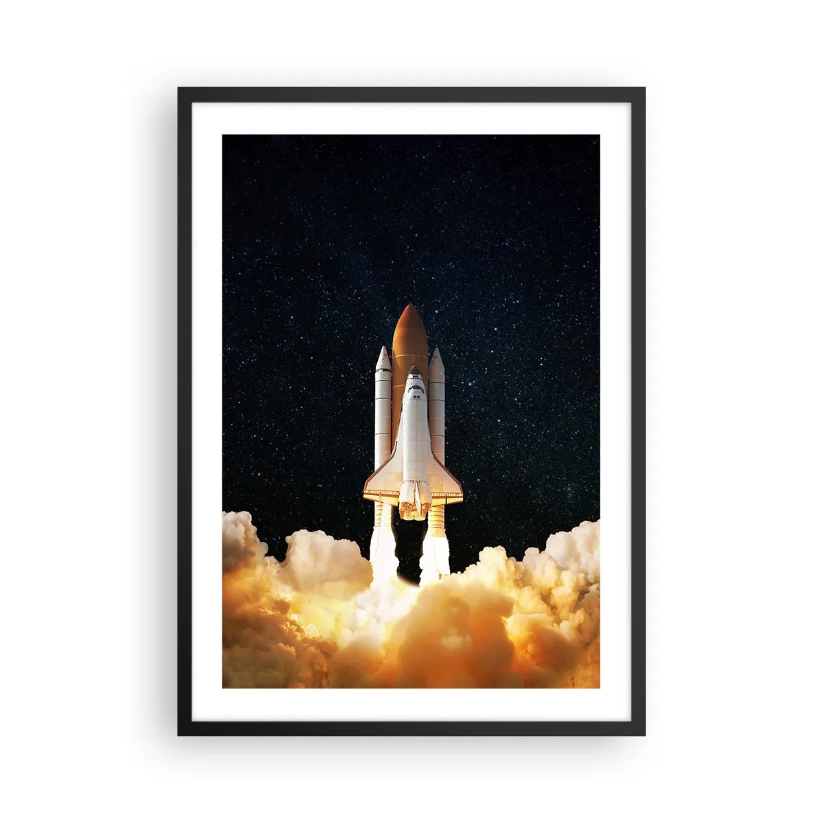 Poszter fehér keretben - Egy űrsikló felszáll a csillagos égbolton - 50x70cm - Ad astra! - Modern fali dekoráció nappalihoz és hálószobához ARTTOR