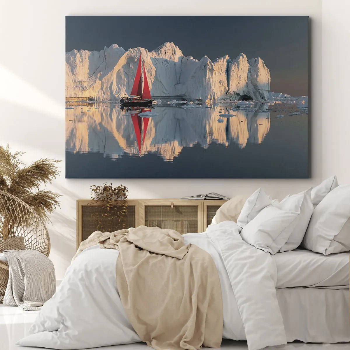 Vászonkép - Egy vitorláshajó piros vitorlával egy gleccser hátterében - 70x50cm - A világ peremén - Modern fali dekoráció nappalihoz és hálószobához ARTTOR