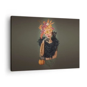 Vászonkép - Őszi motívumokkal díszített nő portréja macskával - 70x50cm - Egy boszorkány mágiája - Modern fali dekoráció nappalihoz és hálószobához ARTTOR