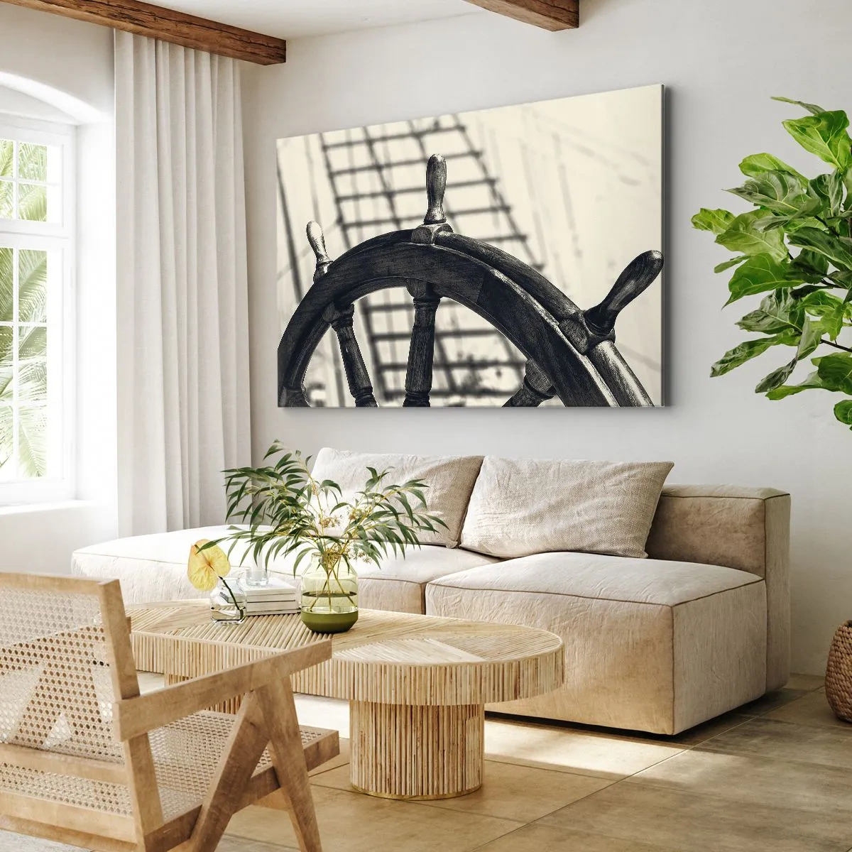 Vászonkép - Egy retró stílusú vitorlás kormánylapát egy hajóval a háttérben - 70x50cm - Tengeri történetek - Modern fali dekoráció nappalihoz és hálószobához ARTTOR