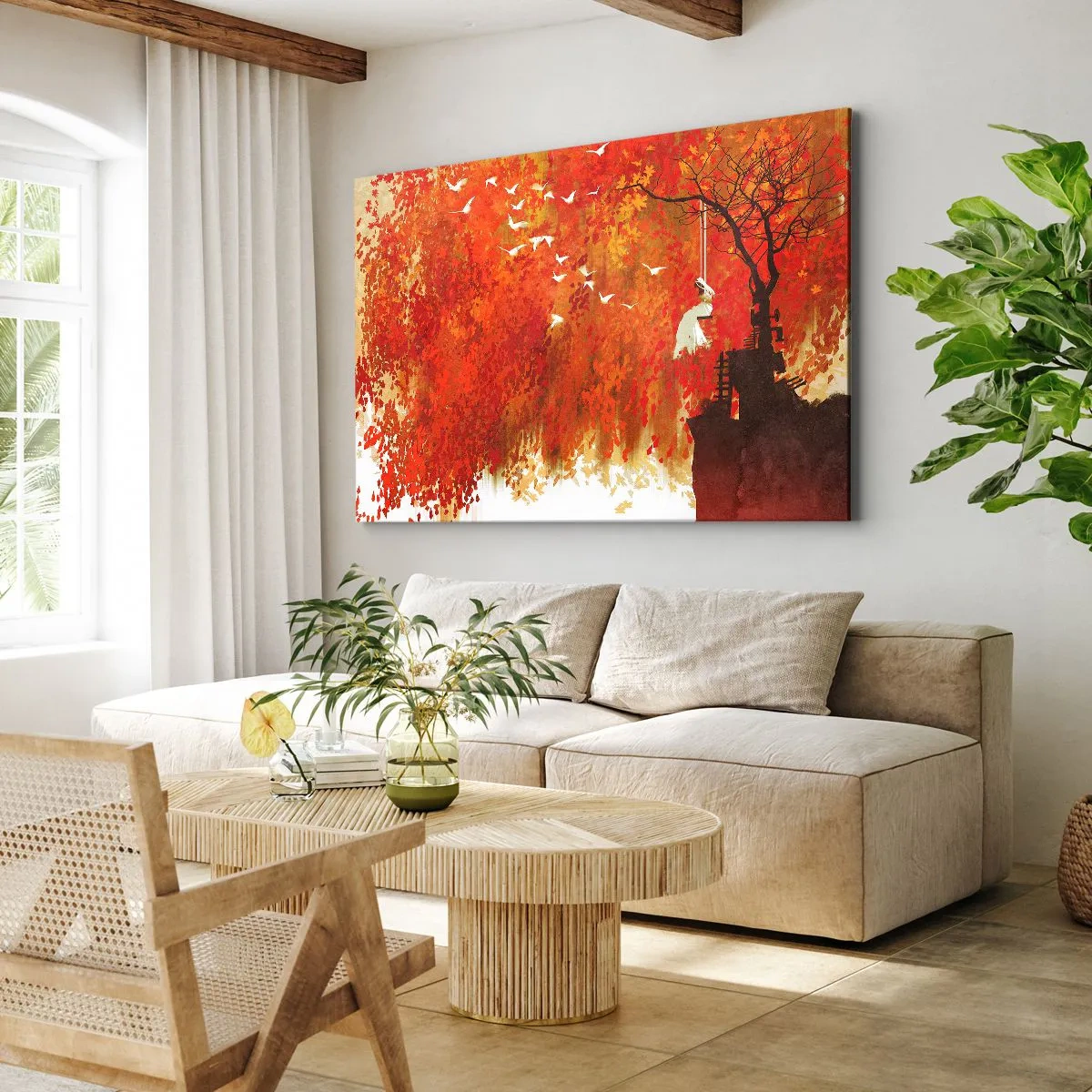 Vászonkép - Egy alak egy hintán egy fa mellett, vörös levelekkel körülvéve - 70x50cm - Repül velünk? - Modern fali dekoráció nappalihoz és hálószobához ARTTOR