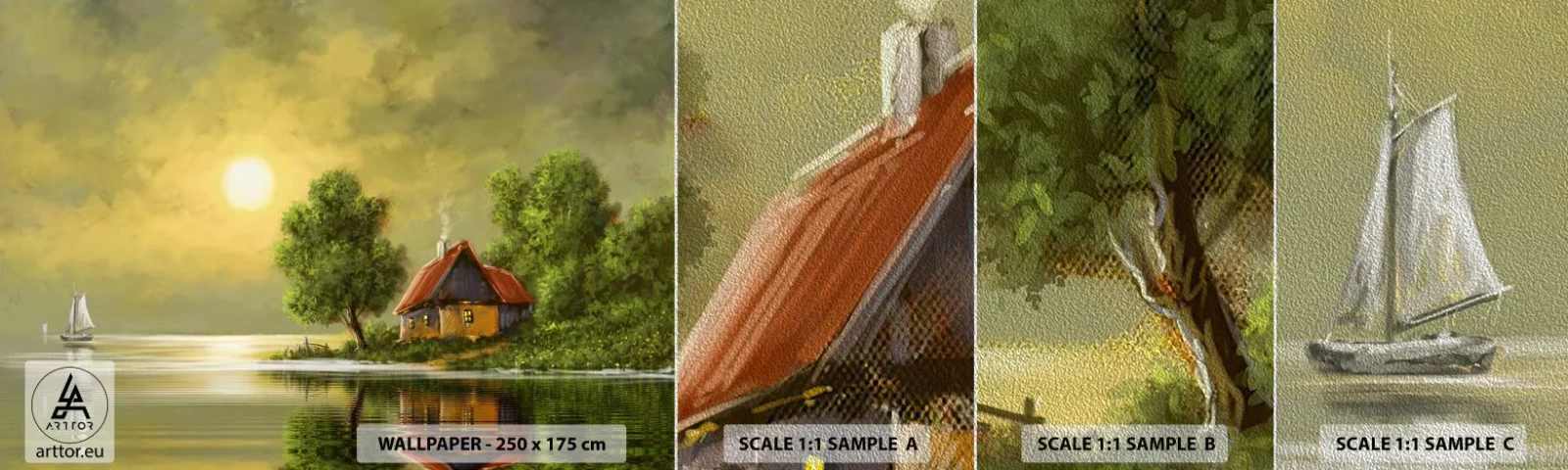 Fotótapéta Minta Premium Sand - Gyönyörű, mint egy képen - Tájkép, Vidéki házikó, Vitorlás - 100x30 cm