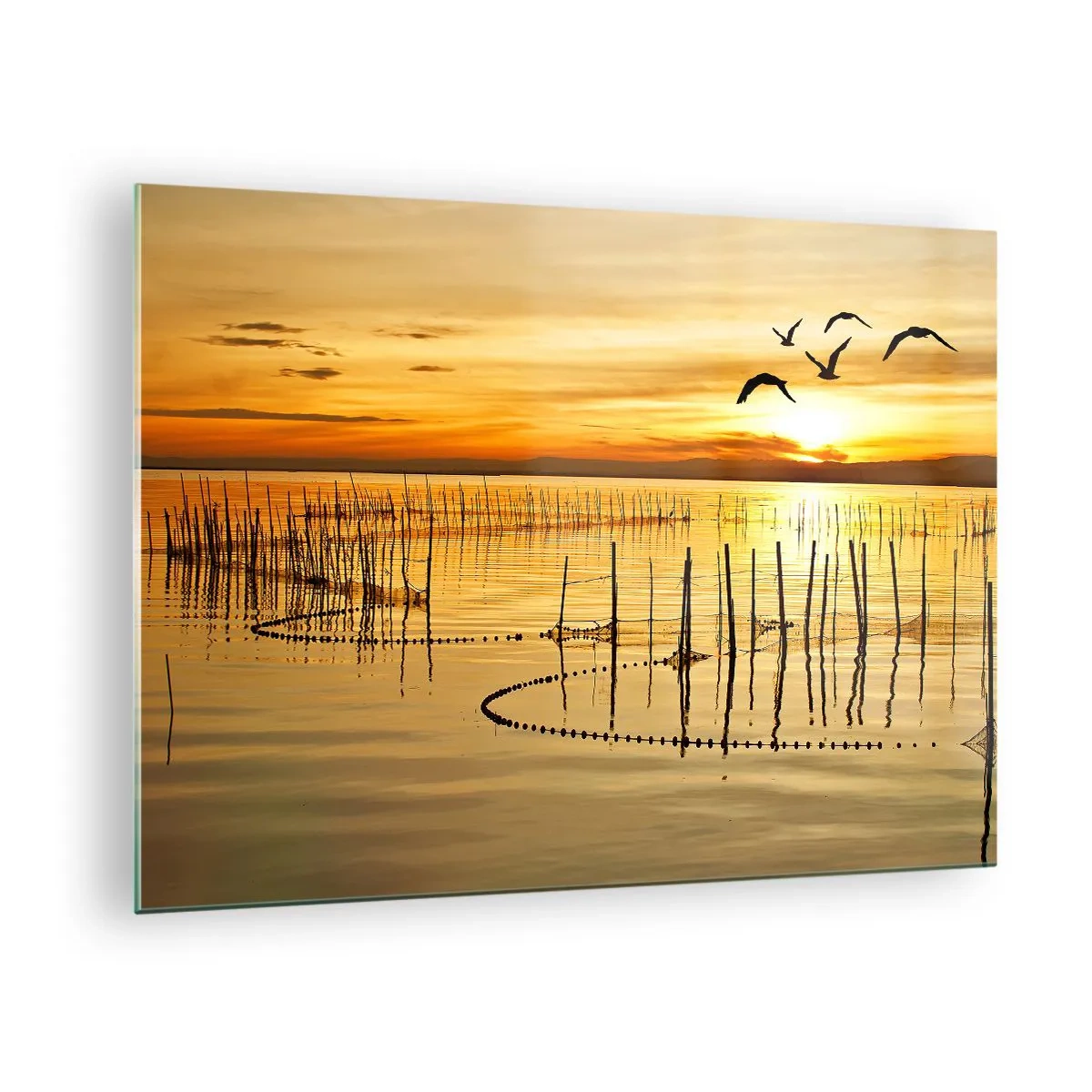 Üveg kép - Naplemente egy tó felett madarakkal és halászhálókkal - 70x50cm - A halászaton - Modern fali dekoráció nappalihoz és hálószobához ARTTOR