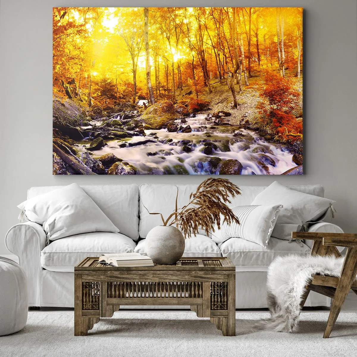Vászonkép - Őszi erdő egy patakkal az aranyló levelek között - 70x50cm - Kövek aranyba és platinába - Modern fali dekoráció nappalihoz és hálószobához ARTTOR