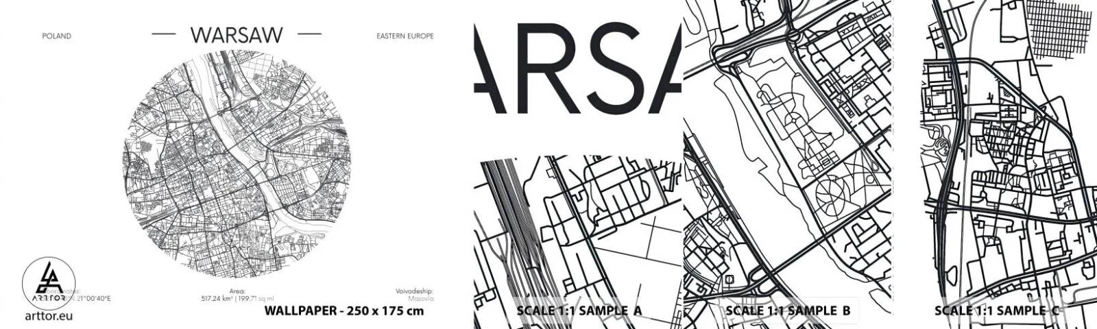 Fotótapéta Minta Standard Eco - Varsó anatómiája - Térkép, Varsó, Lengyelország - 100x30 cm