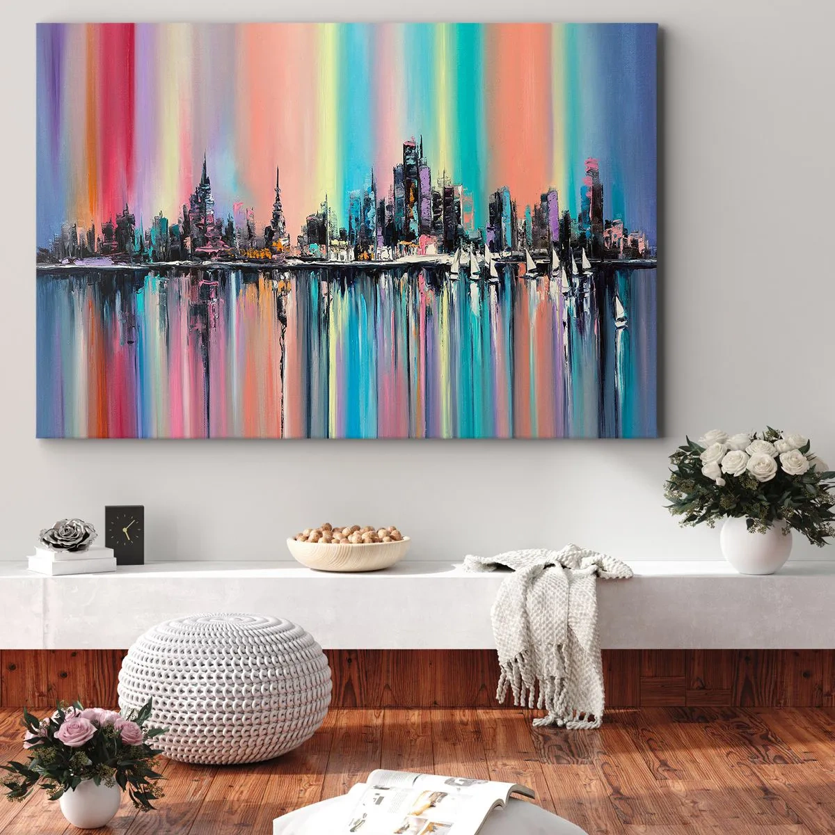 Vászonkép - Színes városkép tükröződéssel a vízen - 70x50cm - Lejönni az éjszaka fényében - Modern fali dekoráció nappalihoz és hálószobához ARTTOR