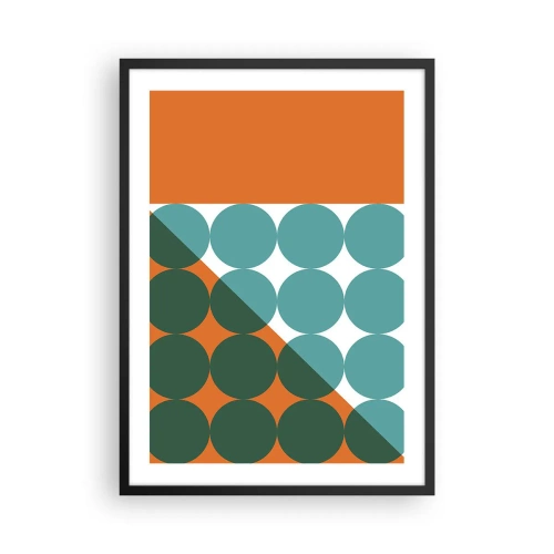 Poszter fehér keretben - Absztrakt geometrikus kompozíció narancssárga és zöld árnyalatú körökkel. - 50x70cm - Felfelé és átlósan - Modern fali dekoráció nappalihoz és hálószobához ARTTOR