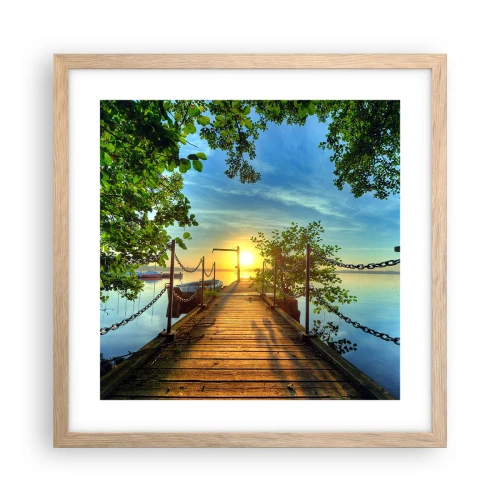 Poszter világos tölgy keretben - Naplemente a víz felett - 40x40 cm