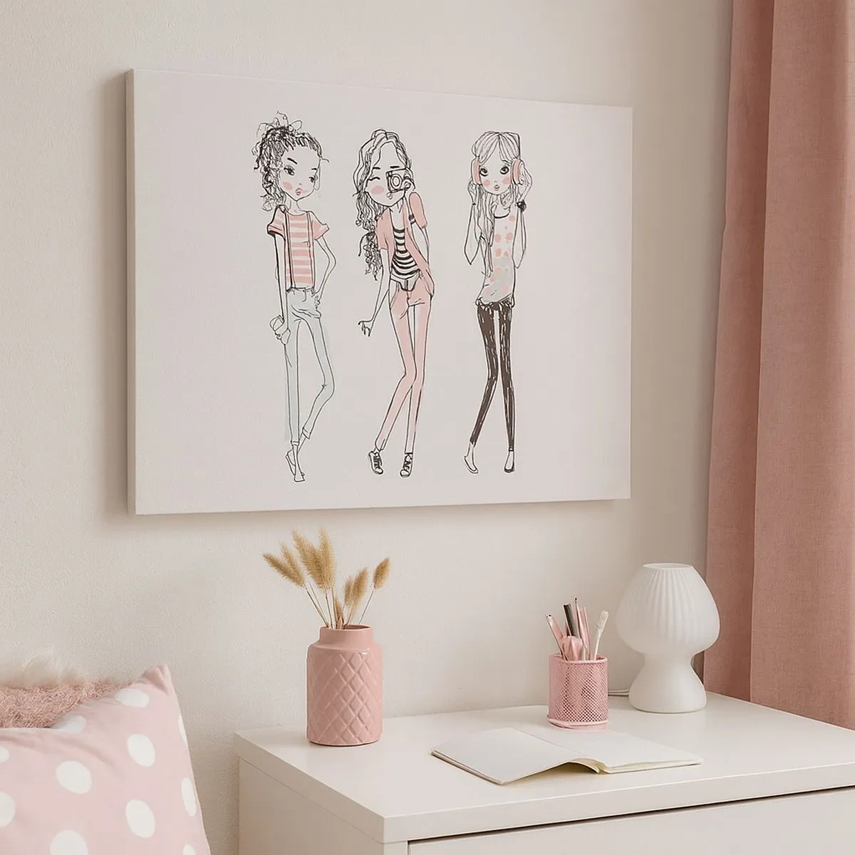 Vászonkép - Divatos lányok pasztell színekben illusztrációja - 70x50cm - Lesz, jó móka lesz - Modern fali dekoráció nappalihoz és hálószobához ARTTOR
