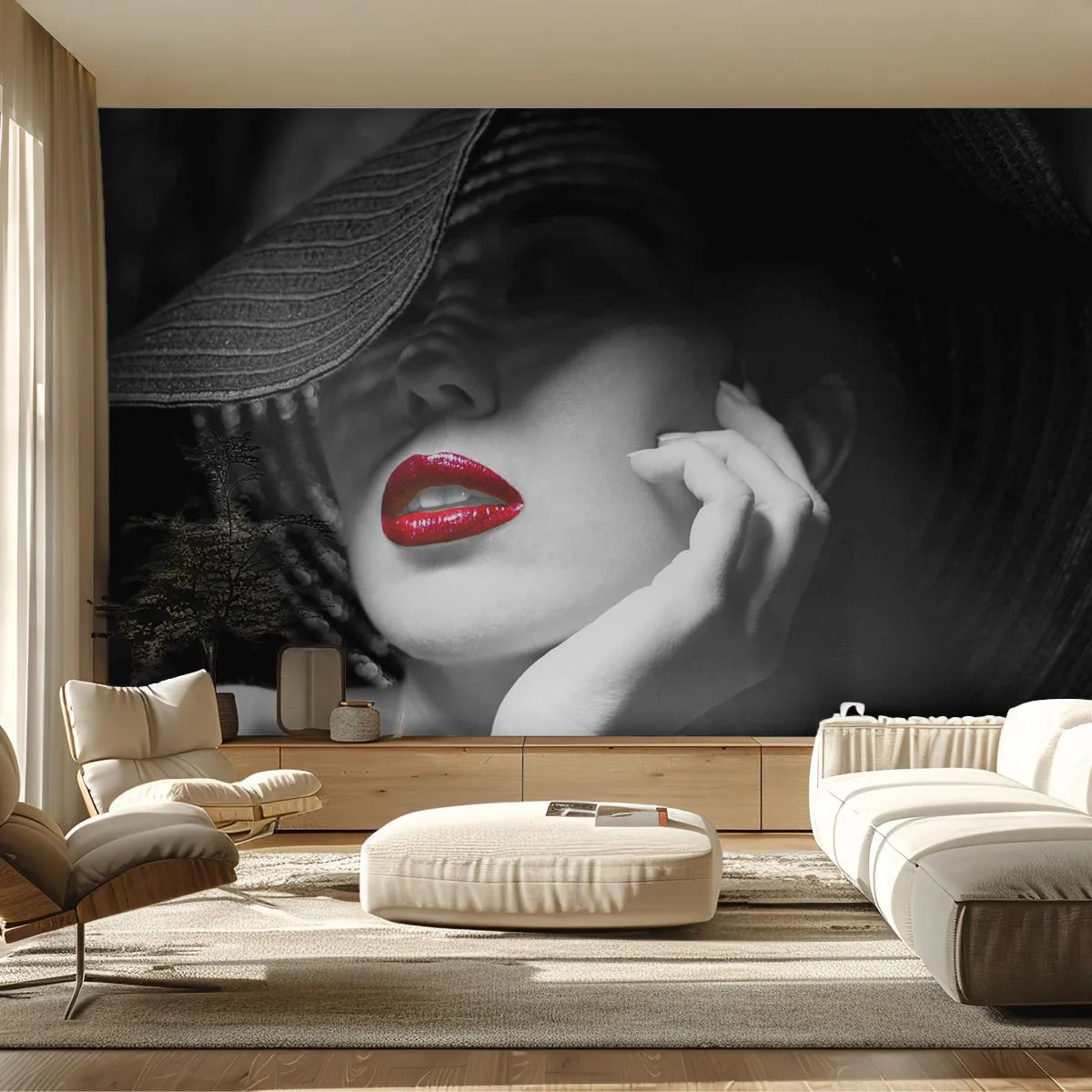 Fotótapéta Premium Sand - Egy tanulmány Scarletben - Nő, vörös ajkak, Divat - 100x70 cm