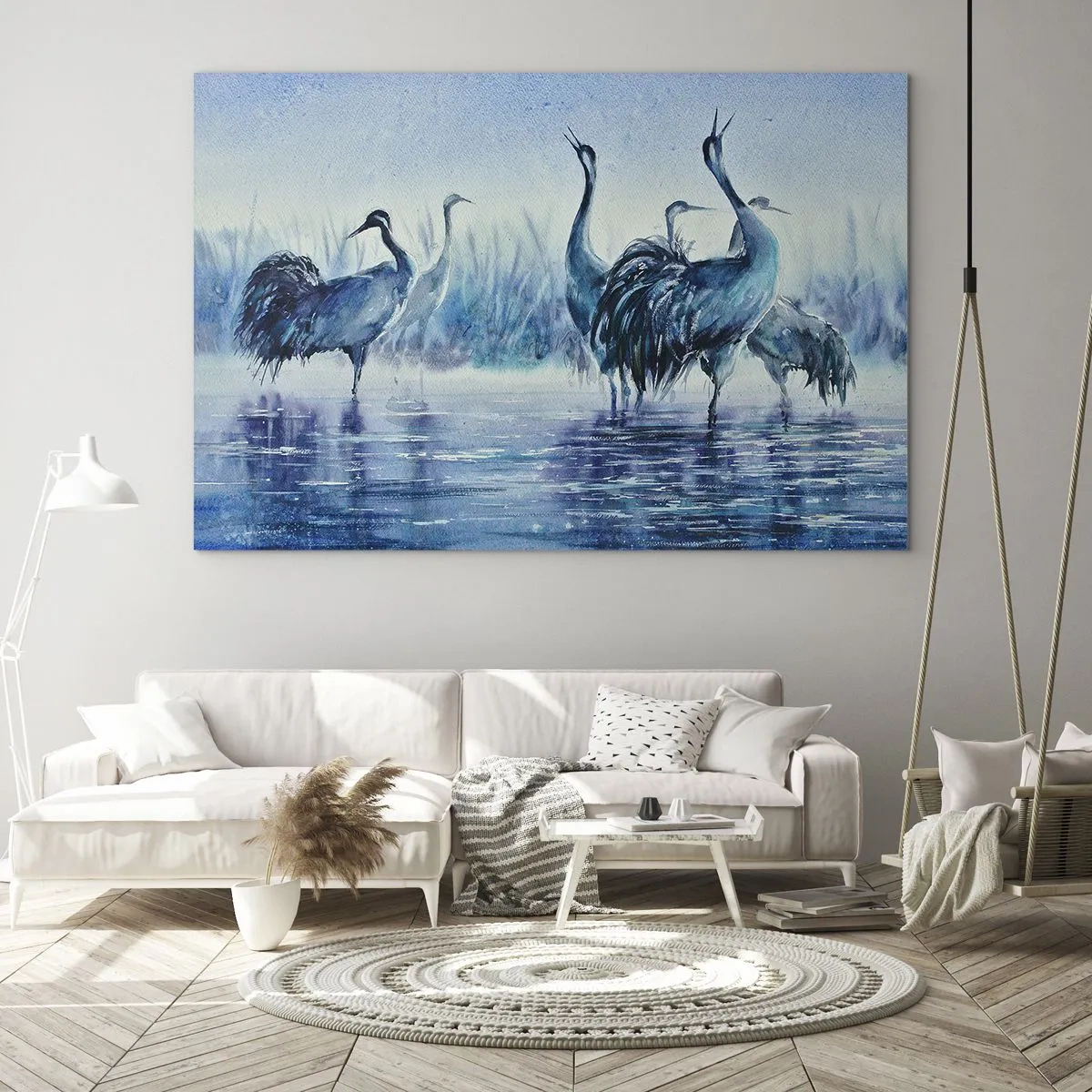Üveg kép - Madarak gázolnak a kék vízben - 70x50cm - Reggeli találkozás - Modern fali dekoráció nappalihoz és hálószobához ARTTOR